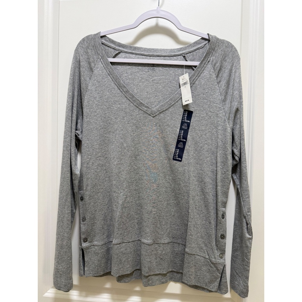 Gap Womens Super Soft V-Neck Long Sleeve Top Heather Grey Side Buttons Size M